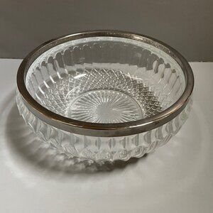 Cut Crystal Large Glass Bowl with Silver Plate Trim